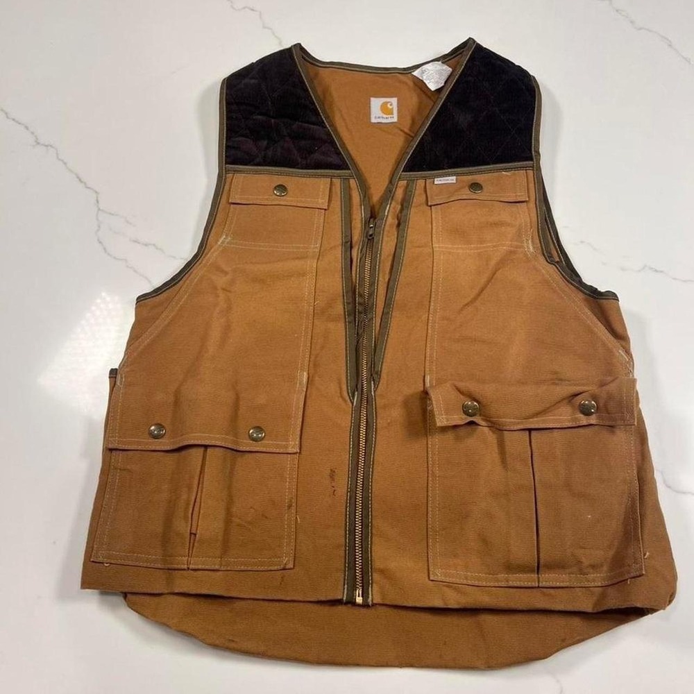 Carhartt Hunting Vest Mens Medium Brown Canvas USA Made VU255 Utility Game Bag
